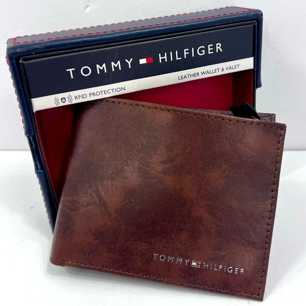TOMMY HILFIGER 💯 MENS WALLET DOUBLE FOLD, BROWN, GENUINE LEATHER, RFID READY - Picture 2 of 14